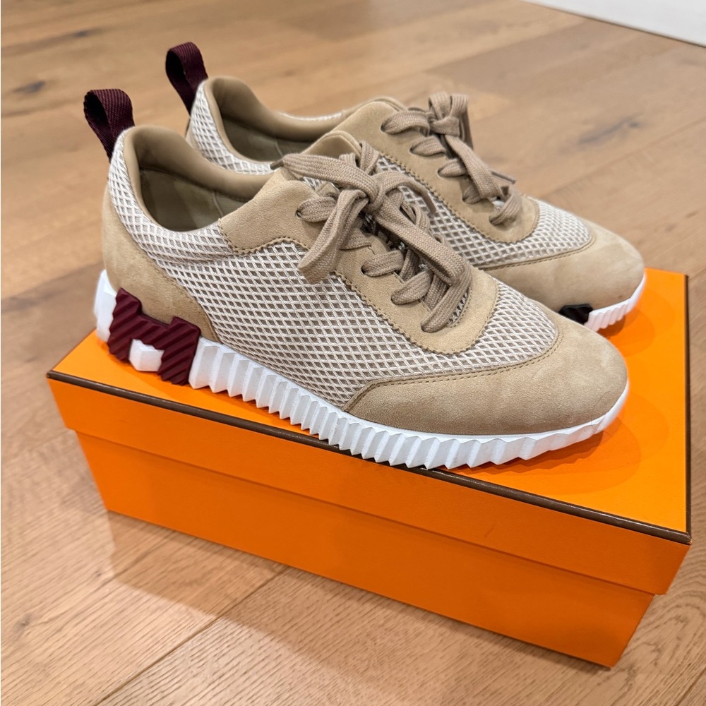 Hermes Beige Mesh & Suede Sneakers with Maroon Accent